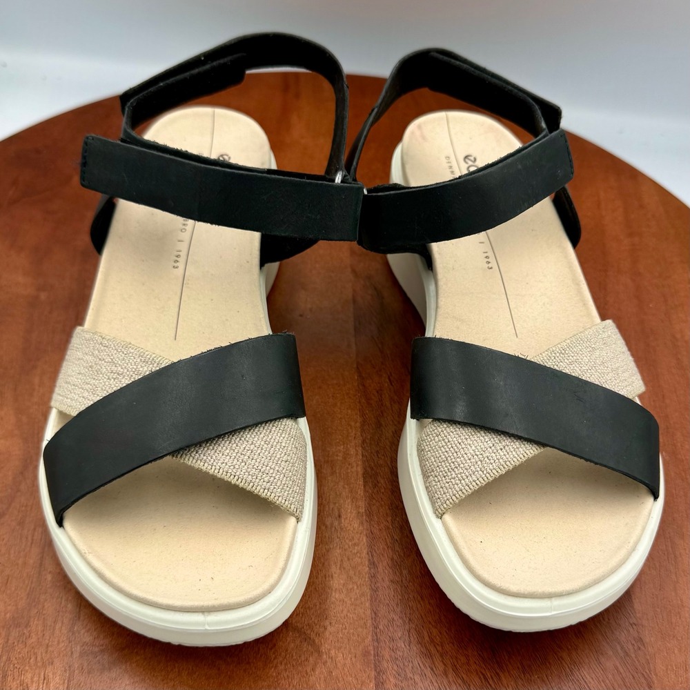 ECCO Flowt Wedge Luxury Crossband Sandals Womens EU 37/US‎ 6 Black Beige Comfort